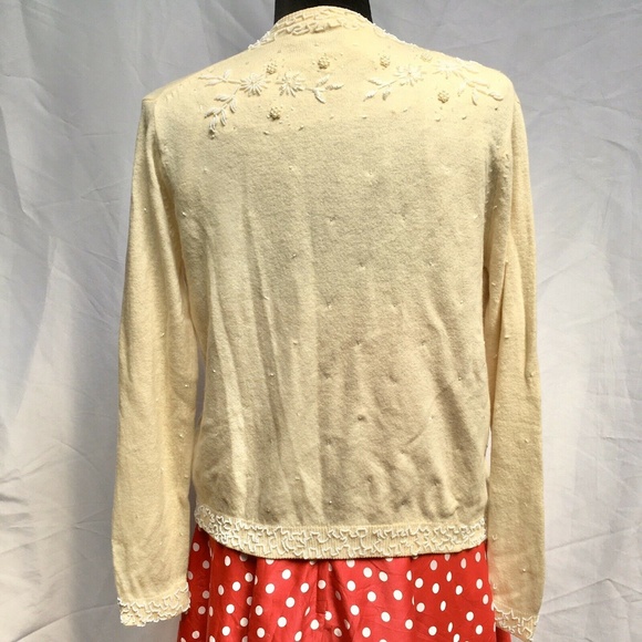 SOLD Jeri-Jo vtg 50s 60s beaded cardigan sweater lambswool angora floral ivory L - Picture 5 of 8